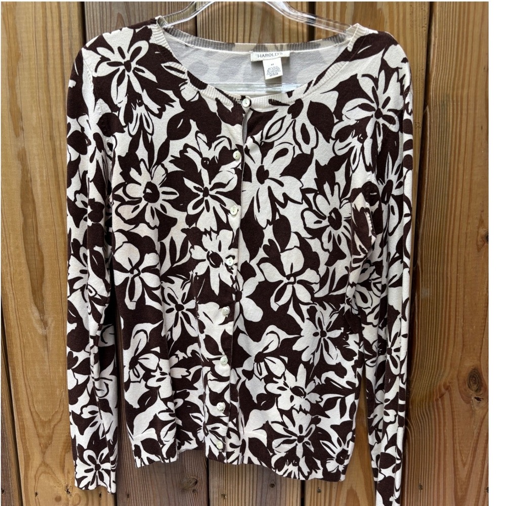 Harolds Women's Brown Cream Floral Silk Blend Tiny Cardigan Med Quiet Luxury